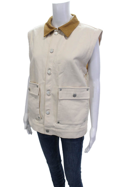 Yital Unisex Cotton Collared Sleeveless Vest Beige Snap Size S