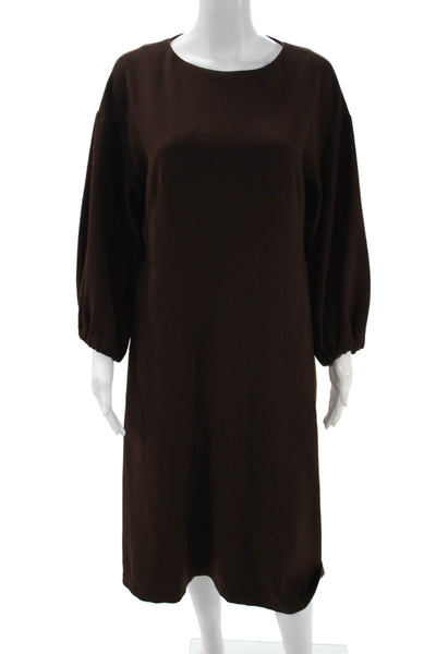 Marimekko Women Shift Dress Brown Long Sleeve Round Neck Mid-Calf Size 40