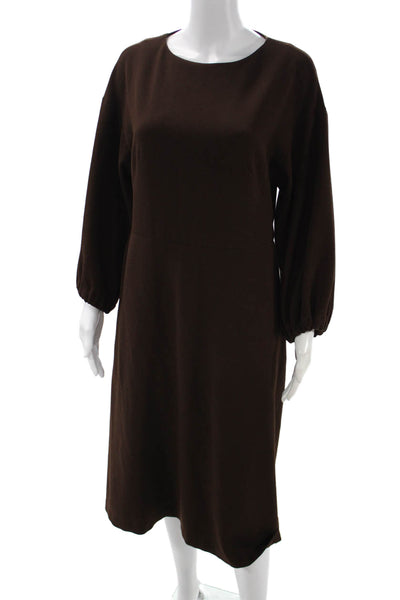 Marimekko Women Shift Dress Brown Long Sleeve Round Neck Mid-Calf Size 40