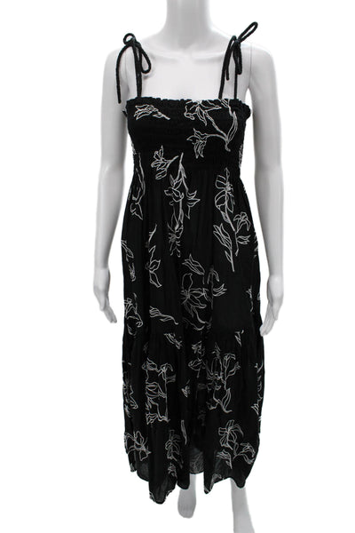 Tanya Taylor Womens Black Floral Maxi Sundress Square Neck Tie Size XS