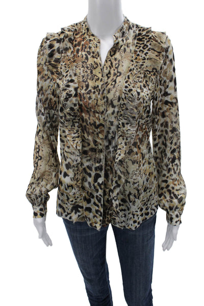 L Agence Womens Silk Animal Print Mock Neck Blouse Long Sleeve Beige Size XS