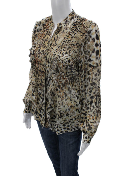 L Agence Womens Silk Animal Print Mock Neck Blouse Long Sleeve Beige Size XS