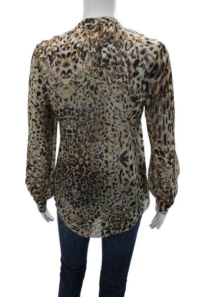 L Agence Womens Silk Animal Print Mock Neck Blouse Long Sleeve Beige Size XS