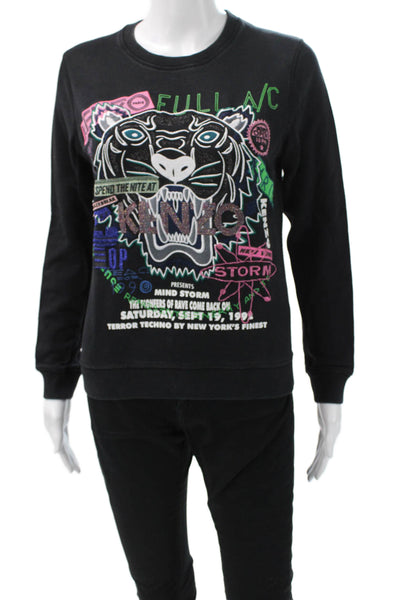 Kenzo Womens 90s Graphic Pullover Sweatshirt Black Cotton Crewneck Size M