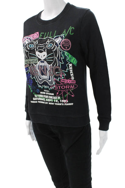 Kenzo Womens 90s Graphic Pullover Sweatshirt Black Cotton Crewneck Size M