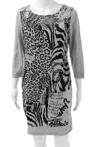 Desigual Womens Shift Dress Gray 3/4 Sleeve Round Neck Knee Length Size M
