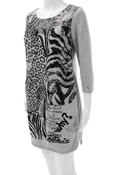 Desigual Womens Shift Dress Gray 3/4 Sleeve Round Neck Knee Length Size M