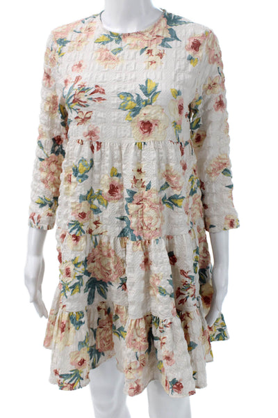 Zara Women A-Line Mini Floral Dress White Round Neck 3/4 Sleeve Size XS
