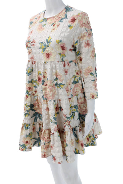 Zara Women A-Line Mini Floral Dress White Round Neck 3/4 Sleeve Size XS