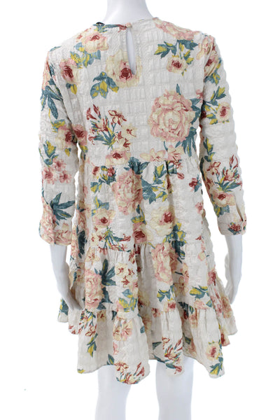 Zara Women A-Line Mini Floral Dress White Round Neck 3/4 Sleeve Size XS