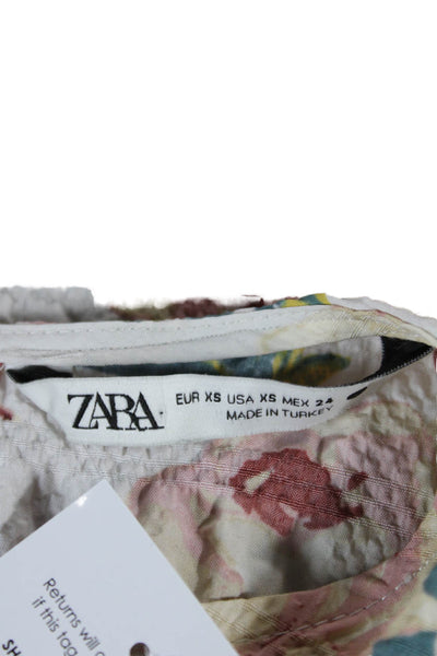 Zara Women A-Line Mini Floral Dress White Round Neck 3/4 Sleeve Size XS