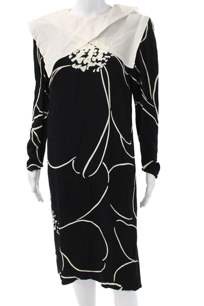 Guy Laroche Womens Shift Dress Black Floral Viscose Long Sleeve Size 38