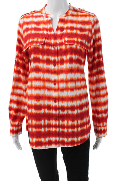 Calvin Klein Women Orange Button Up Blouse V-Neck Long Sleeve Polyester Size XS