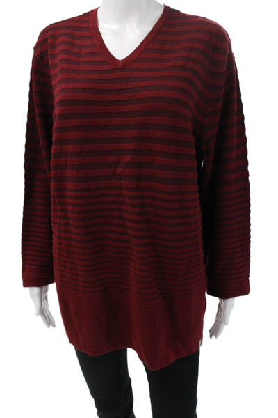Calvin Klein Women V-Neck Striped Merino Wool Blend Pullover Red Sleeve Size L