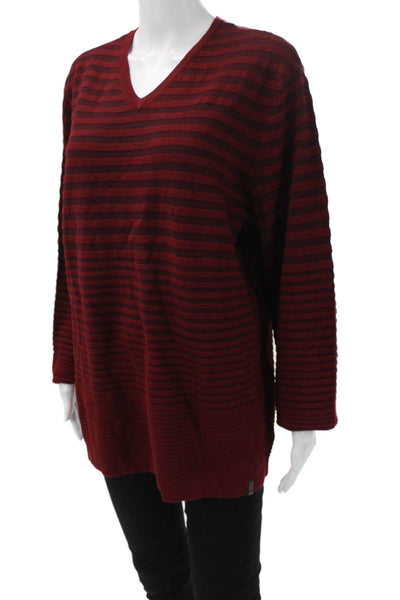 Calvin Klein Women V-Neck Striped Merino Wool Blend Pullover Red Sleeve Size L