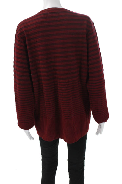 Calvin Klein Women V-Neck Striped Merino Wool Blend Pullover Red Sleeve Size L