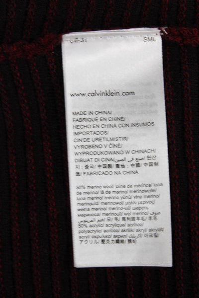 Calvin Klein Women V-Neck Striped Merino Wool Blend Pullover Red Sleeve Size L
