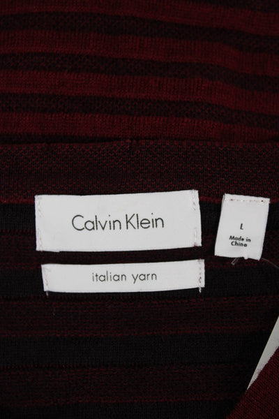 Calvin Klein Women V-Neck Striped Merino Wool Blend Pullover Red Sleeve Size L