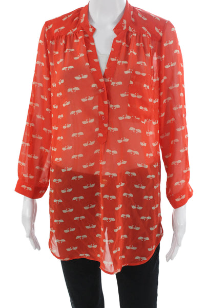 Pleione Womens Tunic Red Animal Print V-Neck Button 3/4 Sleeve Size S