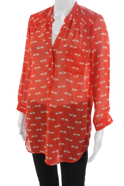 Pleione Womens Tunic Red Animal Print V-Neck Button 3/4 Sleeve Size S