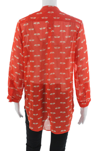 Pleione Womens Tunic Red Animal Print V-Neck Button 3/4 Sleeve Size S