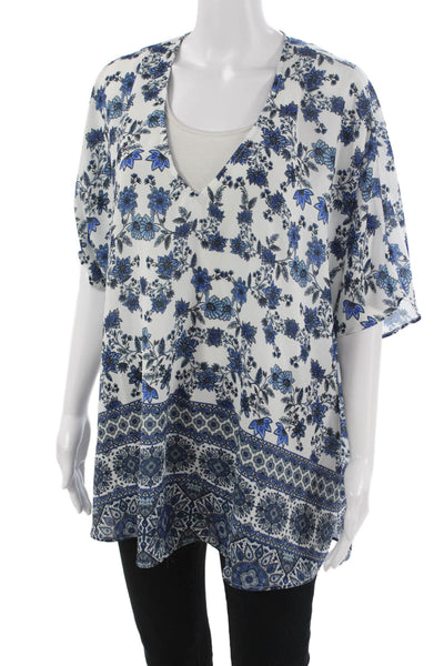 Show Me Your Mumu Womens Tunic Blouse Blue Floral V-Neck Sleeveless Boho Size S