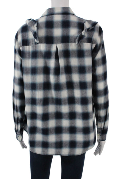 Club Monaco Women Black Plaid Cotton Collared Long Sleeve Button-Up Top Size S
