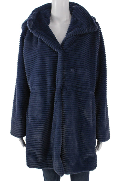 Dennis Basso Womens Navy Striped Collared Button Coat LS Size S