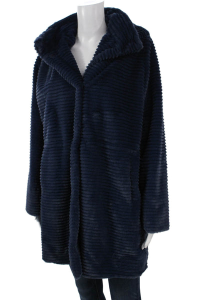 Dennis Basso Womens Navy Striped Collared Button Coat LS Size S