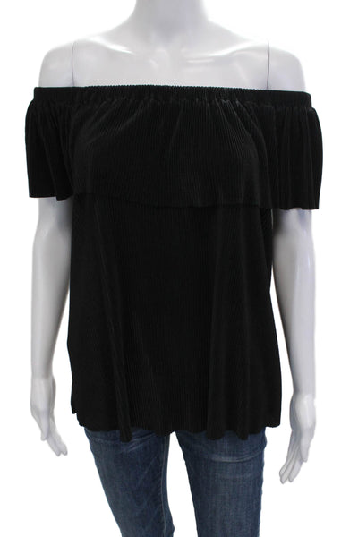 She + Sky Womens Bohemian Black Short Sleeve Blouse Cotton Blend Solid Size S
