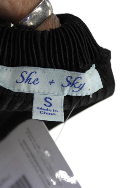 She + Sky Womens Bohemian Black Short Sleeve Blouse Cotton Blend Solid Size S