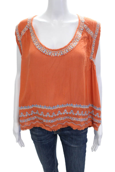 Piper Womens Bohemian Orange Cotton Sleeveless Tunic Blouse Round Neck Size S