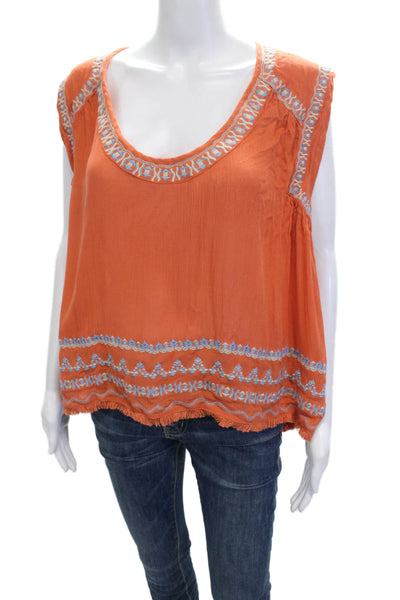 Piper Womens Bohemian Orange Cotton Sleeveless Tunic Blouse Round Neck Size S