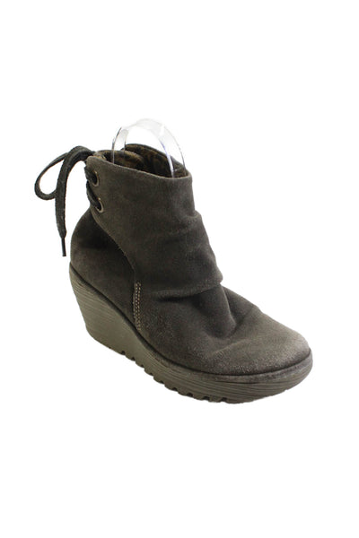 Fly London Womens Suede Lace-Up Wedge Ankle Boots Gray Size 6