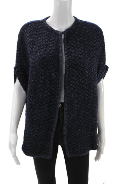 Wehve Unisex Cardigan Dark Blue Merino Wool Blend Hook Eye Round Neck Size L