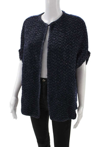 Wehve Unisex Cardigan Dark Blue Merino Wool Blend Hook Eye Round Neck Size L