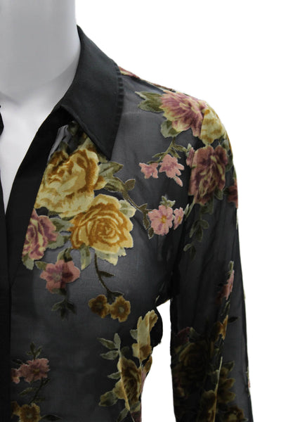 L Agence Women Black Floral Collared Button Up Long Sleeve Blouse Size XS Tall