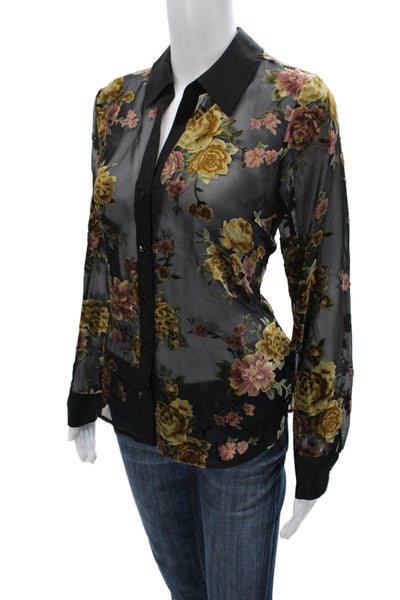 L Agence Women Black Floral Collared Button Up Long Sleeve Blouse Size XS Tall