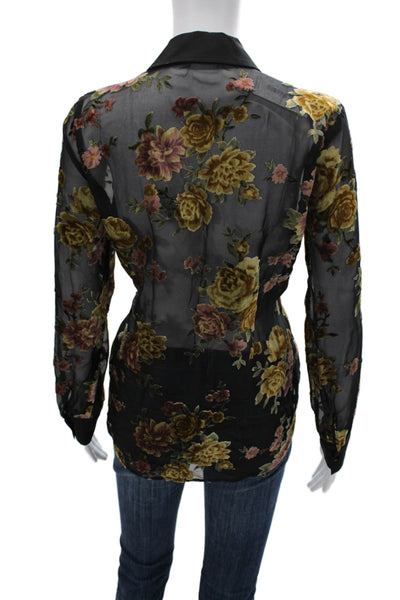 L Agence Women Black Floral Collared Button Up Long Sleeve Blouse Size XS Tall