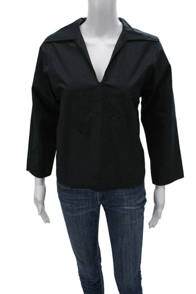 Tory Burch Womens Tunic Blouse Black V-Neck 3/4 Sleeve Cotton Designer Size 0