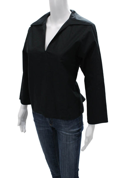Tory Burch Womens Tunic Blouse Black V-Neck 3/4 Sleeve Cotton Designer Size 0
