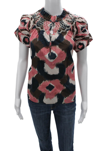 Figue Women Black Geometric High Neck Short Sleeve Blouse Size S