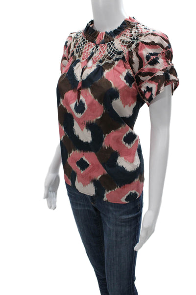 Figue Women Black Geometric High Neck Short Sleeve Blouse Size S