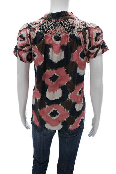 Figue Women Black Geometric High Neck Short Sleeve Blouse Size S