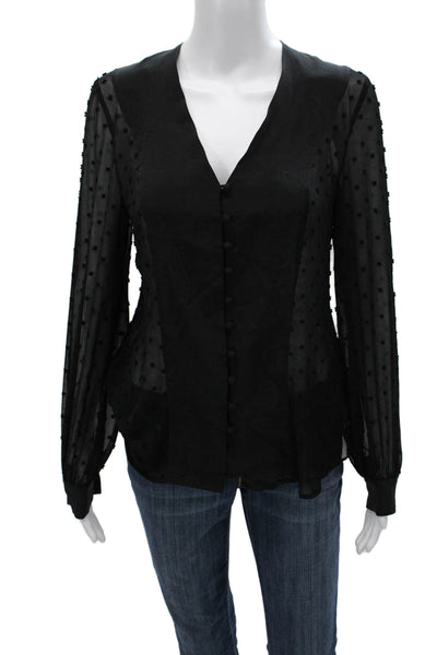 L'Agence Women Silk Black Polka Dot V-Neck Long Sleeve Button Up Blouse Size XS