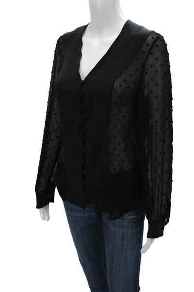 L'Agence Women Silk Black Polka Dot V-Neck Long Sleeve Button Up Blouse Size XS