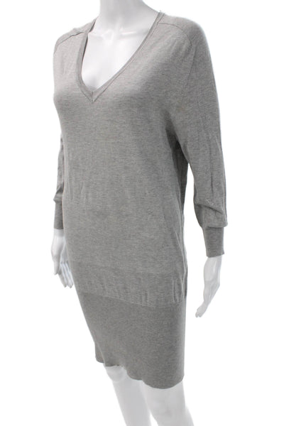 BCBGMAXAZRIA Women Gray Sweater Dress V Neck 3/4 Sleeve Above Knee Size XS