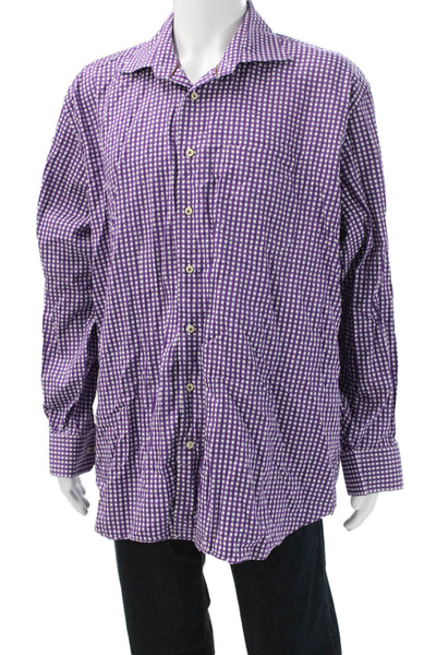 Peter Millar Mens Purple Check Point Collar Button Up Cotton Long Sleeve Size XX