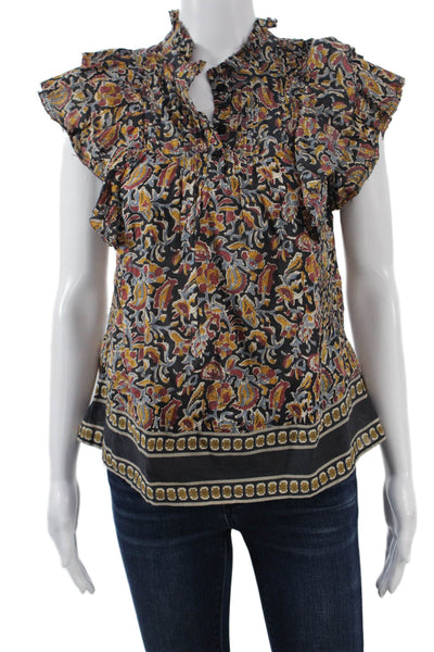 Sea Women Floral High Neck Short Sleeve Bohemian Blouse Black Size 0