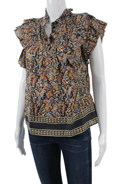 Sea Women Floral High Neck Short Sleeve Bohemian Blouse Black Size 0